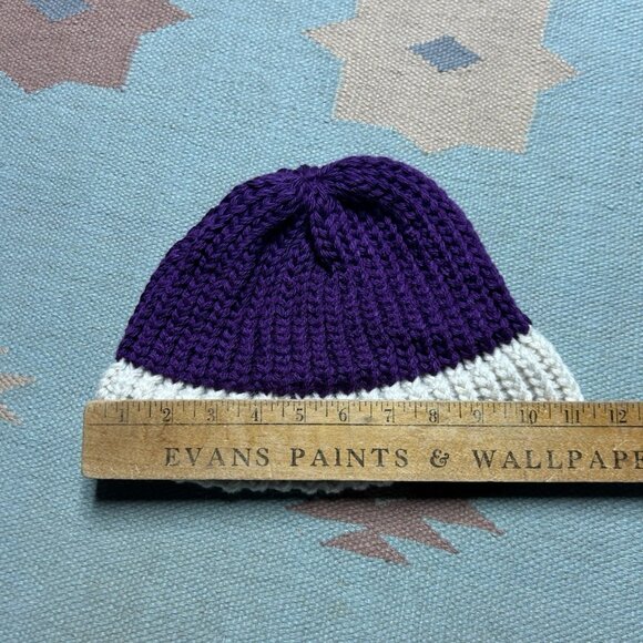 Vintage crochet knit beanie hand made purple white snow toboggan soft adult OSFA - Picture 5 of 5
